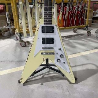 Custom Grand Fly-V Version Relic Aged Style Electric Guitar with Cream Yellow Color