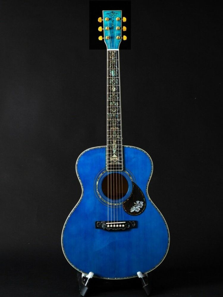 40 Inch Blue Burst Maple OM Style Solid Spruce Top Acoustic Guitar Abalone Inlay