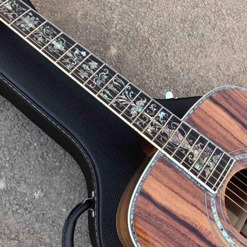 Custom Real Abalone Tree Life Inlays Round Body Koa Wood Acoustic Guitar 41 Inch Ebony 0636