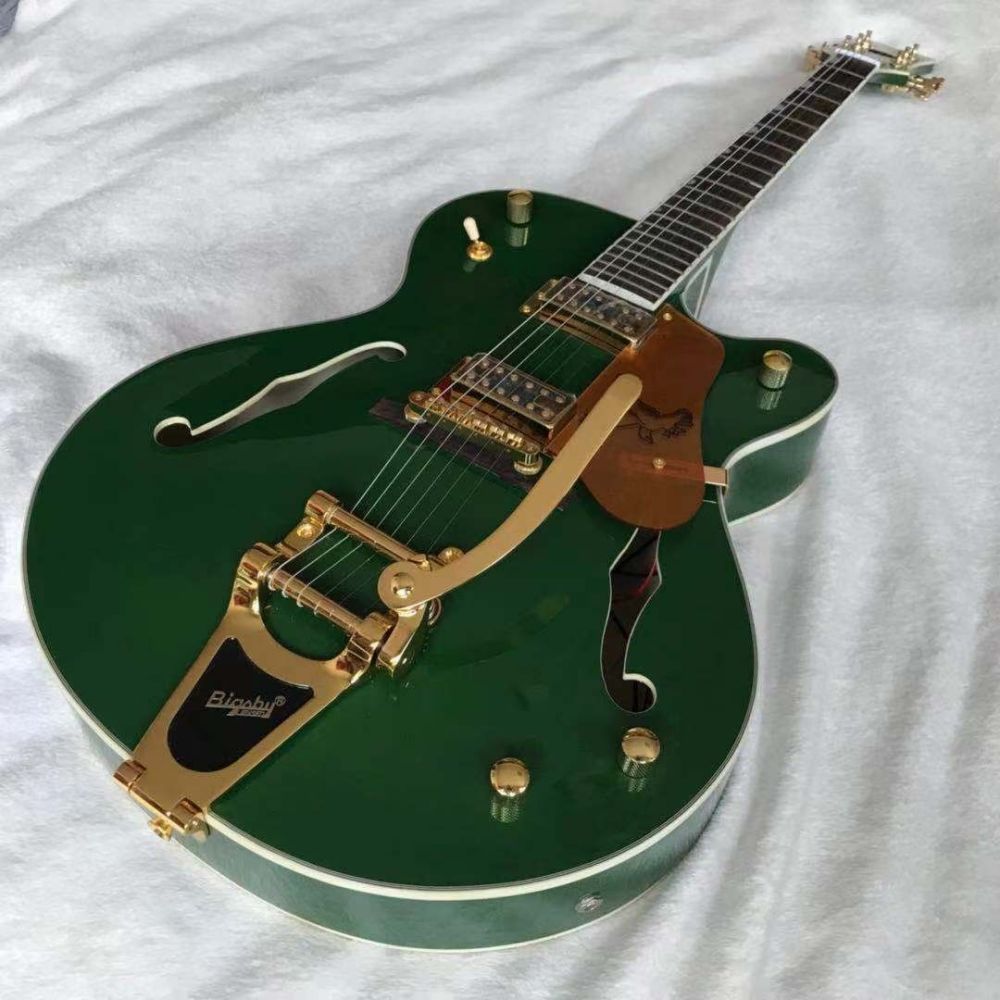 Custom Gret Electric Guitar in Green Color Semi Hollow Body Jazz Electric Guitar With Bigsby Tremolo and High Grade Tuner
