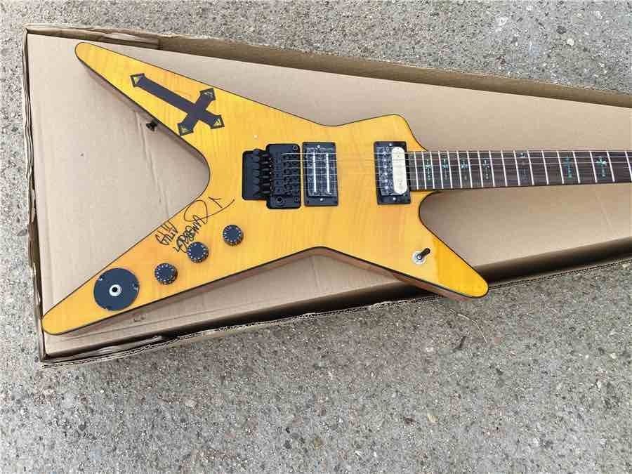 Custom Yellow Tiger Print Double Electric Guitar Signature Cross Inlay