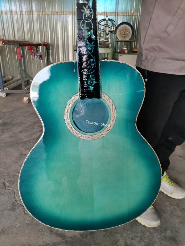 Custom Solid Wood 43 Inch Jumbo Flamed Maple Back Side Acoustic Guitar in Blue Color