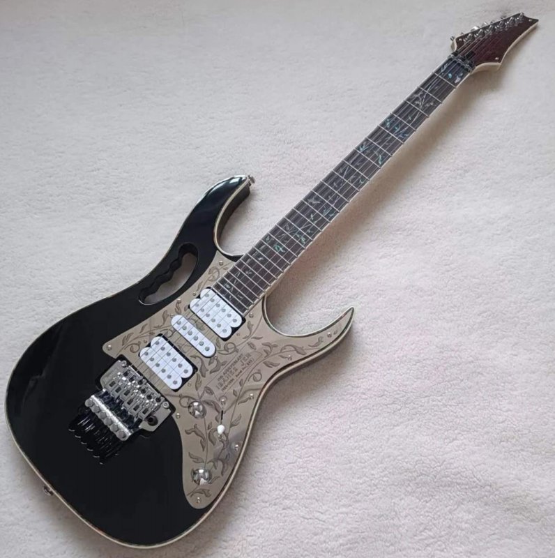 Custom Ibanez Style Electric Guitar OEM, Carved Metal Pickguard, LOGO on Headstock, Color Binding, Lock String Nut, Floyd Rose Tremolo Bridge
