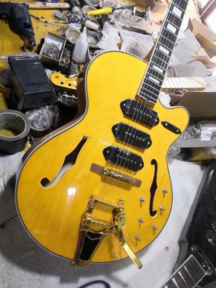 Custom Flamed Maple Wood Archtop Bigsby Semi Hollow Body Jazz Electric Guitar in Yellow Color