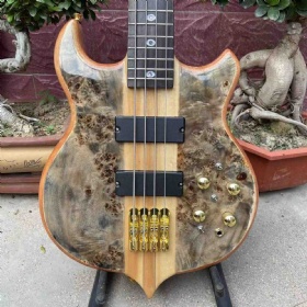 Custom 4 Strings Neck Through Body Electric Guitar Bass Factory Burst Maple Top 9V Active Pickup Alembic Style Bass