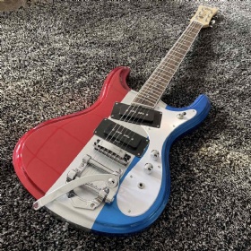Custom Mosrite Johnny Ramone Venture Red White Blue Color Electric Guitar with Bigs Tremolo Bridge, Dark Aqua White Pickguard,
