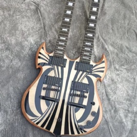 Custom Double Neck 12+6 Strings Electric Guitar Body with Pattern Black Hardware and EMG Pickup