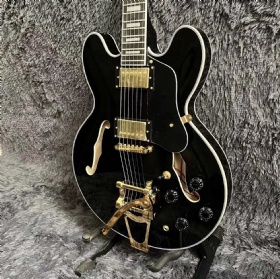 Custom Hollow Body ES335 Electric Guitar in Black Color Semi with Bigsby Tremolo System