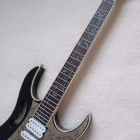 Custom Ibanez Style Electric Guitar OEM, Carved Metal Pickguard, LOGO on Headstock, Color Binding, Lock String Nut, Floyd Rose Tremolo Bridge