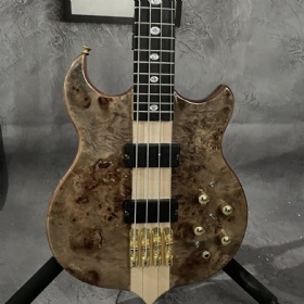 Custom Alem Style 4 String Electric Bass Guitar Burl Maple Top Gold Hardware Neck Though Body Active
