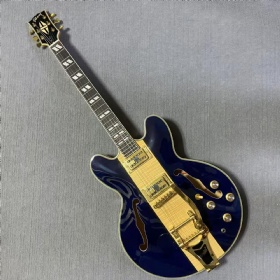Custom GB Gibson ES335 Hollow Body Jazz Style Electric Guitar with Humbucker Pickups Ebony Fingerboard Gold Hardware in Blue