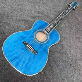 Custom Martin OM45 Style Transparent Ocean Blue Quilted Maple Acoustic Guitar, SOLID BACK SIDE Version