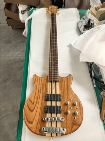 Custom Alembic Style 4 Strings Neck Through Body Bass Guitar Brown Ash Body, 5-Layer Maple Neck, Chrome Hardware, Abalone Inlay