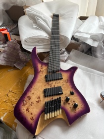 Custom 7 Strings Headless Electric Guitar with Fanned-fret Fingerboard, Ash Body with Burl Top Veneer, Active Pickups, Accept Guitar OEM